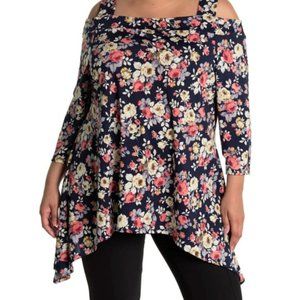 NWT Marina Long Sleeve Floral Print Shark Bite Hem Cold Shoulder Top